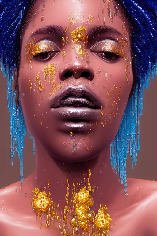 Image similar to hyperrealistic precisionist cinematic profile very expressive! black oshun goddess, in water! up to shoulders, mirror dripping droplet!, gold flowers, highly detailed face, digital art masterpiece, smooth eric zener cam de leon, dramatic pearlescent turquoise light on one side, low angle uhd 8 k, shallow depth of field