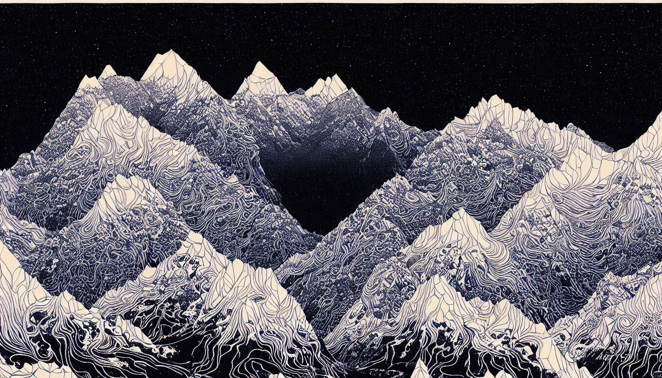 Image similar to himalayas by woodblock print, nicolas delort, moebius, victo ngai, josan gonzalez, kilian eng