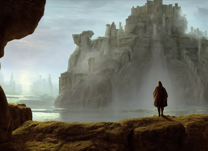 Prompt: a land of ruins of lost civilization with a fort in the middle, pure gold pillars, water tunnels below and a magical time gate to another dimension, a wounded man wearing a white robe standing watching over, dramatic lighting, dawn, by caspar david friedrich, unreal engine 5