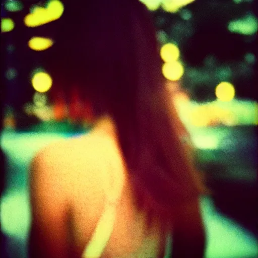 Prompt: a polaroid portrait of a beautiful grunge scene girl, bokeh, lit from behind, heavy film grain, color bleed