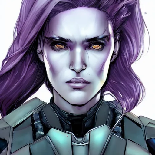 Image similar to extreme close up portrait, pale woman with flowing purple hair in rusty sci - fi power armor, high detail, stoic, elegant, by stjepan sejic, sunstone, dc comic, marvel comic