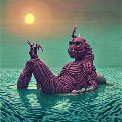 Prompt: monster coming out of a dark lagoon:: by Martine Johanna and Simon Stålenhag and Chie Yoshii and Casey Weldon and Guillermo del toro :: dynamic, particulate, pastel colors, intricate, elegant, highly detailed, centered, artstation, smooth, sharp focus, octane render, 3d