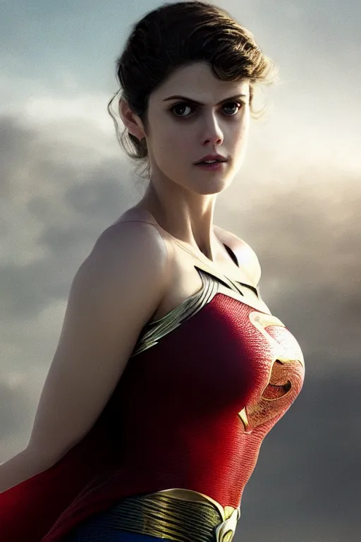 Image similar to a fancy close up of Man of Steel cast as Alexandra Daddario by Greg Rutkowski, Sung Choi, Mitchell Mohrhauser, Maciej Kuciara, Johnson Ting, Maxim Verehin, Peter Konig, 8k photorealistic, cinematic lighting, HD, high details, dramatic, trending on artstation, full body shot