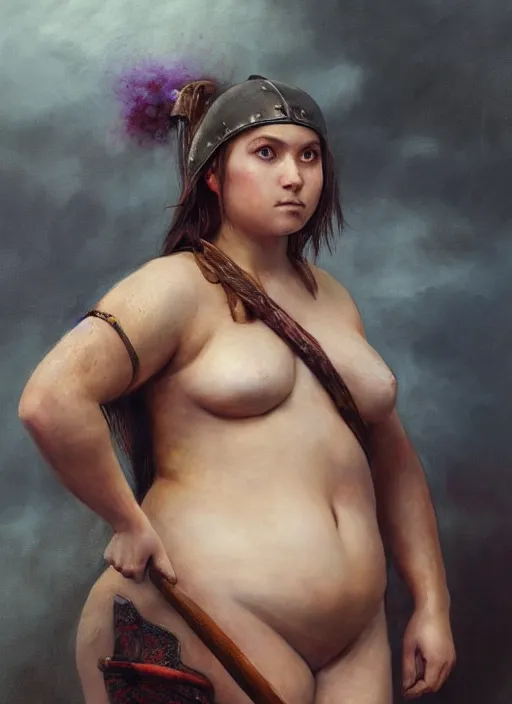 Prompt: hyper realistic painting of medieval chubby beautiful warrior girl, full body, rule of thirds, conceptart, saturated colors, jean baptiste monge