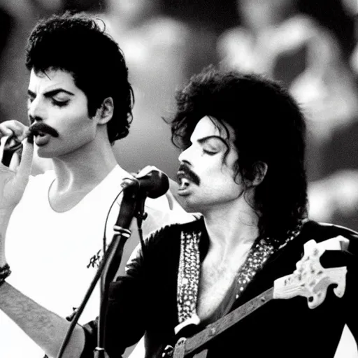 Prompt: Michael Jackson and Freddie Mercury on Live Aid 1985