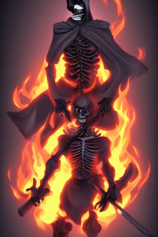 Prompt: a full body shot of Grim Reaper by Studio Trigger, skeleton face, his eyes glow in fire, mohawk haircut , sport pants, highly detailed, artstation