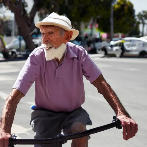 Prompt: a old man riding a bicycle in los angeles carrying a bag of mcdonalds, high detail, 4k