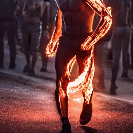 Prompt: a muscular man walking through flames. His skin is charcoal. His eyes are coals. His bones are exposed