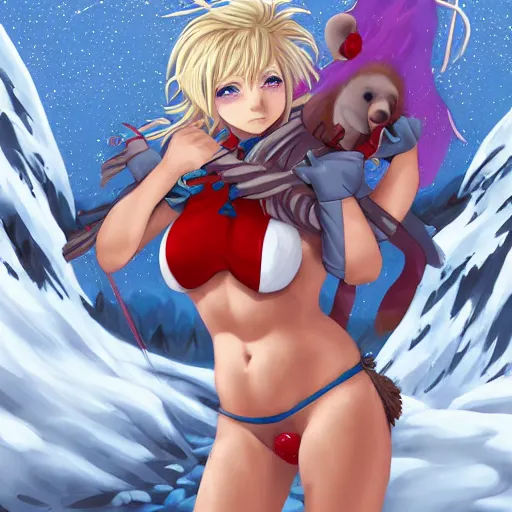 Image similar to bicolor - eyed blonde muscular anime girl warrior in bikini riding a polar bear in the snowy mountains background, digital painting, illustration by james jean and artgerm and mina petrovic and timothy kong and marina federovna, artstation