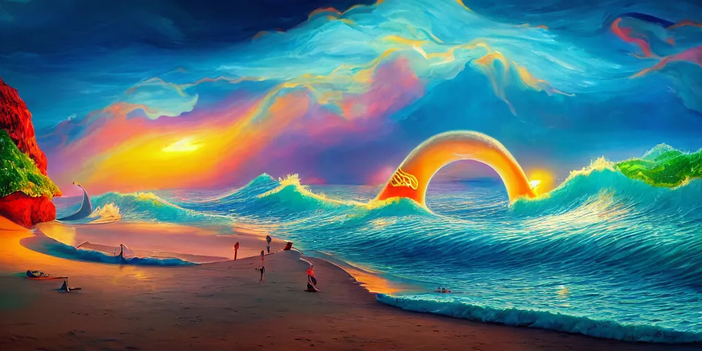 Prompt: A surrealist beach shaped like a singing mouth, the waves are made musical notes, one wave is shaped like the mouths tongue, Very colorful painting 8k trending on art station, Intricate details, very realistic, cinematic lighting, volumetric lighting,