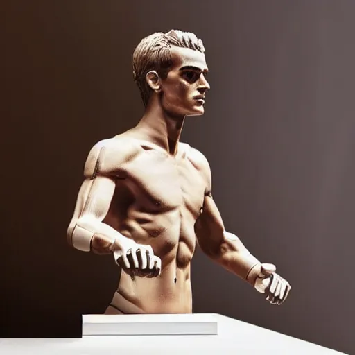 Image similar to a realistic detailed photo of a guy who is an attractive humanoid who is half robot and half humanoid, who is a male android, soccer player antoine griezmann, shiny skin, posing like a statue, blank stare, in a living room, on display, showing off his muscles