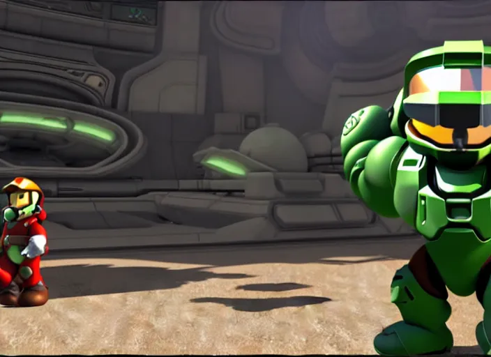 Prompt: marioand masterchief!!!!!!! in 3 d video game screenshot!!! from the new master chief video game mario halo master chief