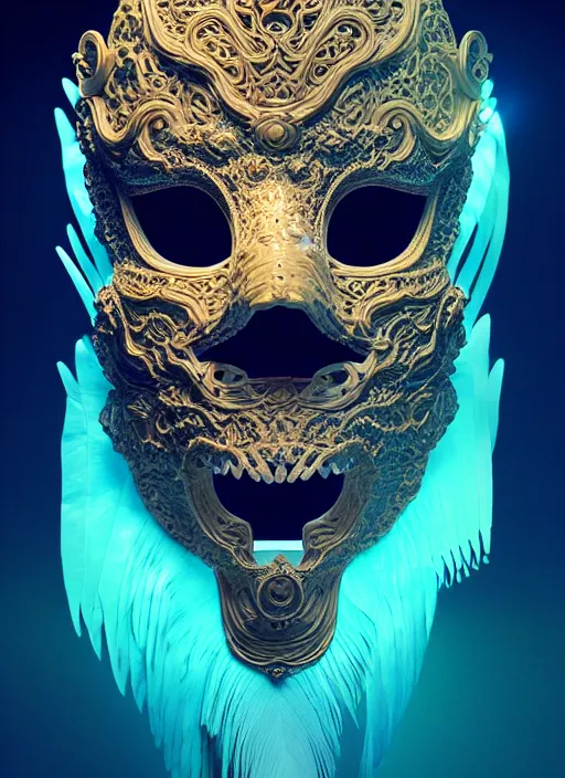 Prompt: 3 d venetian mask portrait, sigma 5 0 0 mm f / 5. beautiful intricate highly detailed quetzalcoatl skull and feathers. bioluminescent, plasma, lava, ice, water, wind, creature, thunderstorm! artwork by tooth wu and wlop and beeple and greg rutkowski, 8 k trending on artstation,