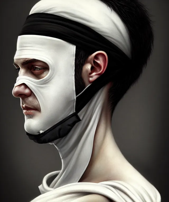 Image similar to white man with black fabric medical mask, short dark hair, highly detailed face!!!, true anatomy!, extremely detailed!, digital painting, unreal engine 5, art by tom bagshaw