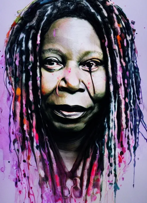 Prompt: whoopi goldberg by agnes cecile, luminous design, pastel colours, ink drips, autumn lights