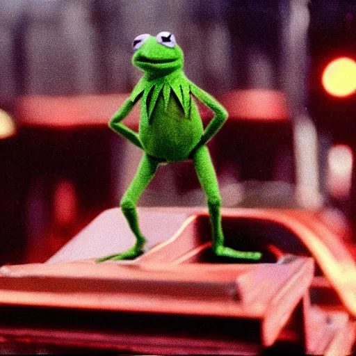 Prompt: still of kermit the frog in blade runner