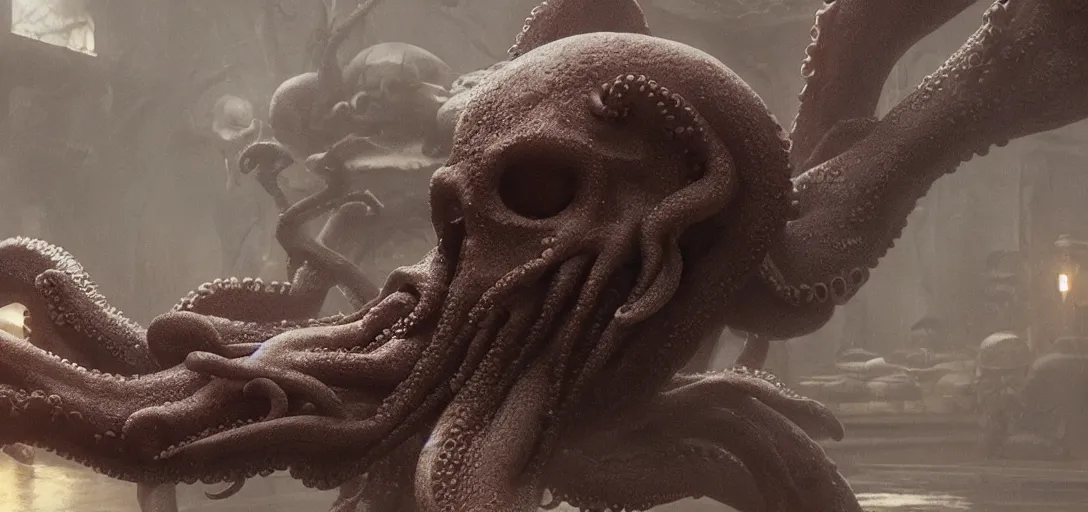 Prompt: an octopus in the shape of a skull foggy cinematic shot photo still from movie by denis villeneuve wayne barlowe