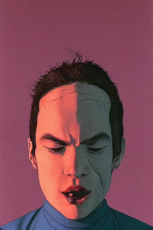 Image similar to a scifi closeup portrait of a young italian man licking a blotter paper of LSD acid on his tongue and dreaming psychedelic hallucinations in cosmos, by kawase hasui, moebius, Edward Hopper and James Gilleard, Zdzislaw Beksinski, Steven Outram colorful flat surreal design, hd, 8k, artstation