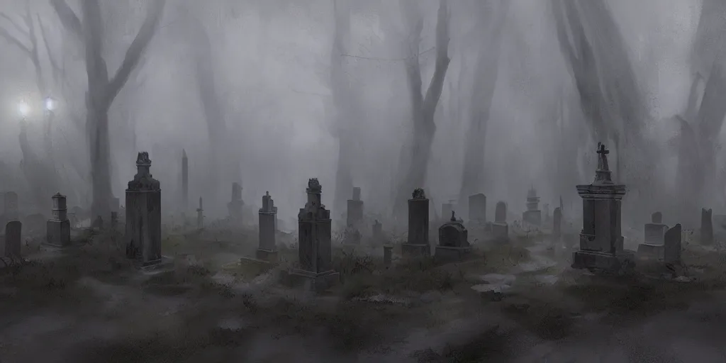 Image similar to , a gloomy cemetery with fog by craig mullins, concept art, artstation, trending on instagram, 8 k, ultra detailed, award winning,