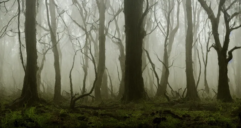 Image similar to an extremely detailed cinematic movie shot of a creepy foggy forest with twisted trees, mossy ground, filled with will-o-the-wisps in the style of tim burton