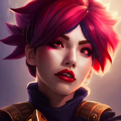 Image similar to portrait of Vi from League of Legends, by Fortiche Studio, by Riot Games, from Netflix's Arcane, trending on artstation,fine details, realistic shaded, fine-face, Steampunk city on the background, red hair, painted texture, pretty face,by Artgerm