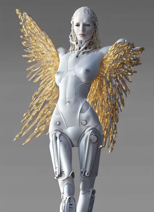 Image similar to a statue made of white marble with gold veins, of an beautiful gorgeous futuristic cybernetic angel girl, prostheses, transhumanism, full body shot, perfect symmetrical body, perfect symmetrical face, hyper realistic, hyper detailed, by johannen voss, by peter kemp, by monia merlo, by michelangelo, octane render, blender, 8 k