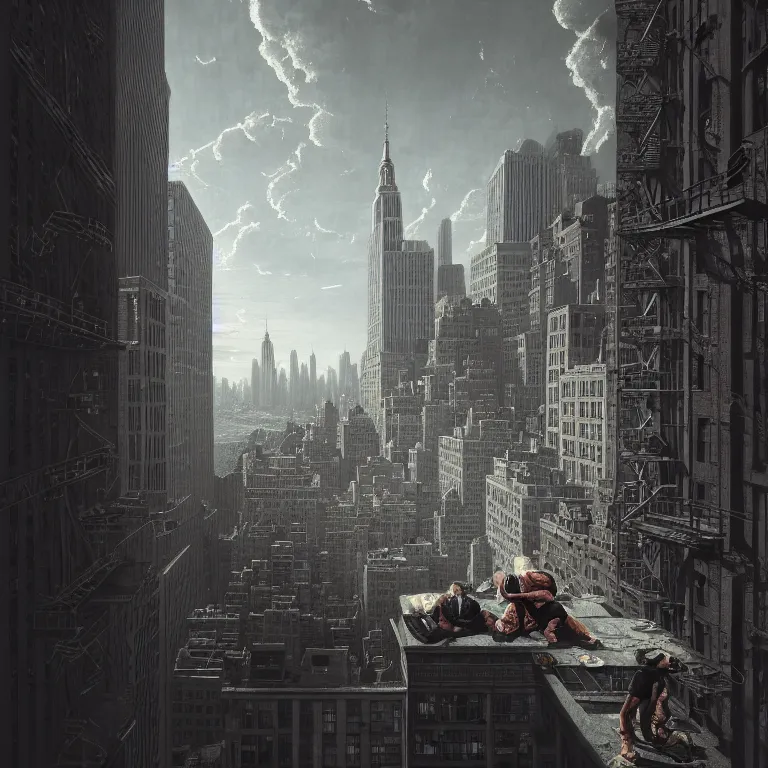 Prompt: a rapper looking at new york from a rooftop, dream - like atmosphere, symmetrical baroque painting, perfect composition, beautiful detailed intricate insanely detailed octane render trending on artstation, 8 k artistic photography, photorealistic, soft natural volumetric cinematic perfect light, chiaroscuro, award - winning photograph, masterpiece, raphael, caravaggio, greg rutkowski, beeple