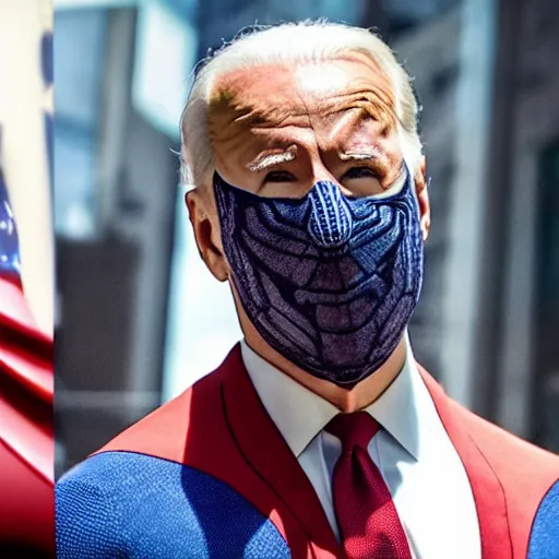 Image similar to Joe Biden cast as spider-man, mask off, still from marvel movie, hyperrealistic, 8k, Octane Render,