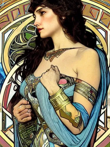 Prompt: a beautiful painting of gal gadot by Alphonse Mucha and by yoshitaka Amano and by Mark Brooks and by gustav klimt and by john william waterhouse, Art Nouveau, Neo-Gothic, gothic, award winning painting, hyperdetailed, detailed, full body