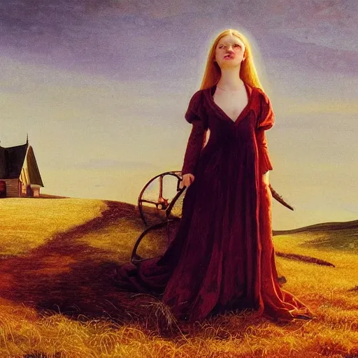 Prompt: Elle Fanning in the painted world of Edmund Leighton, head and shoulders masterpiece, apocalypse, golden hour, cosmic horror, artstation, in the style of Andrew Wyeth and Edward Hopper and Bosch, extremely detailed