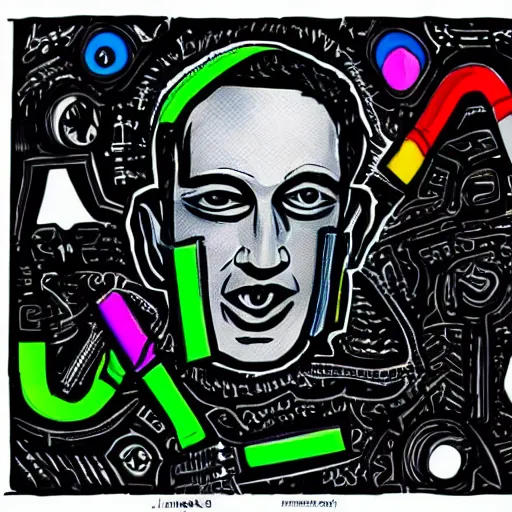 Prompt: mark zuckerbergs inner being, clockwork, technically augmented, black ink and colored markers