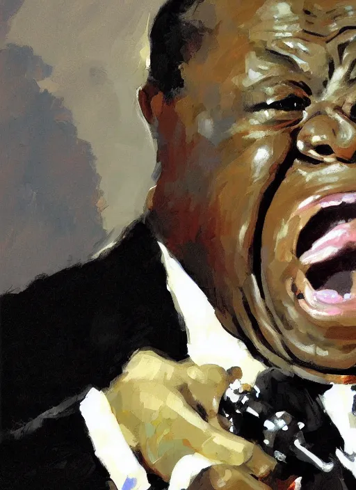 Image similar to a portrait of louis armstrong telling a joke, by greg manchess, dramatic lighting, highly detailed digital painting