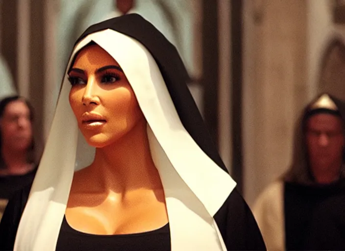 Image similar to a movie still of kim kardashian as a nun with her bust slightly showing. backround : church interior