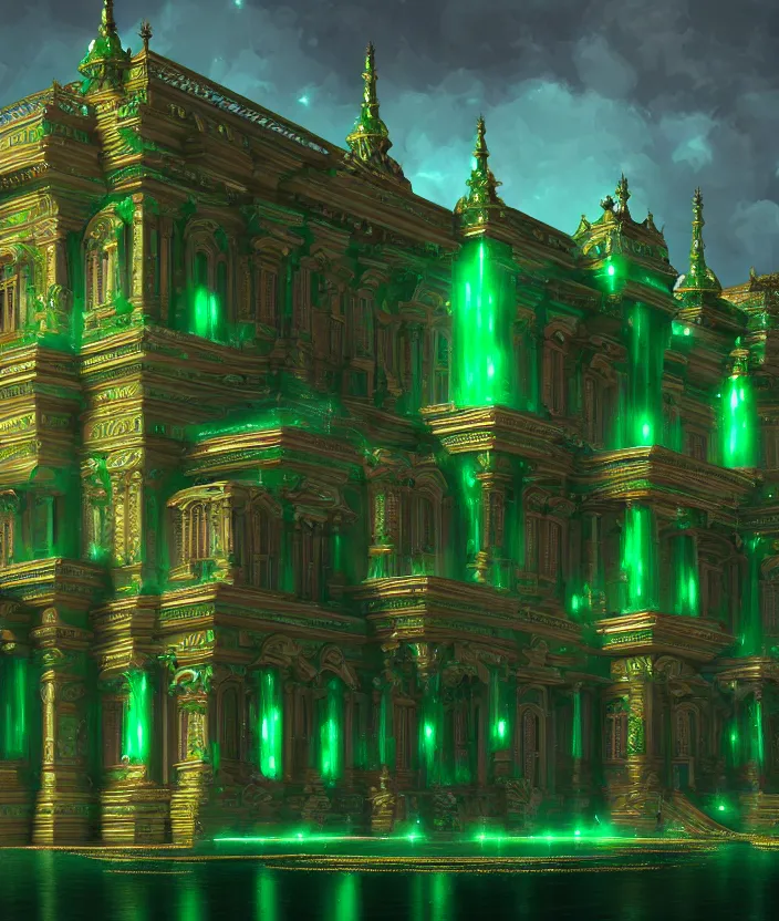 Image similar to a detailed digital painting of a palace made of gleaming emeralds, trending on artstation, digital art, 4 k resolution, detailed, beautiful render, octane render, high quality, sharp focus, hq artwork, coherent, insane detail, concept art