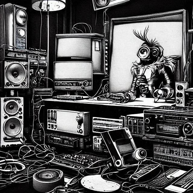 Image similar to a portrait of an anthropomorphic cyberpunk yeti podcasting while working in his secret electronics lab, detailed render, tape deck, studio microphone, boombox, headphones, epic composition, cybernetics, 4 k realistic, cryengine, realistic shaded lighting, sharp focus, masterpiece, by matteo scalera, gary montalbano, peter elson in the style of the tokyo ghost comic