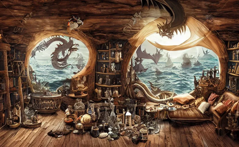 Image similar to pirate captain living room interior in the middle of a stormy ocean, with a witch cauldron and bottles of potions and ingredients in jars, sunny, natural materials, rustic wood, window sill with plants, vines on the walls, dried herbs under the ceiling bookshelves, design. A giant dragon looking through the window. Fire. Gigantic dragon eye. Mordor