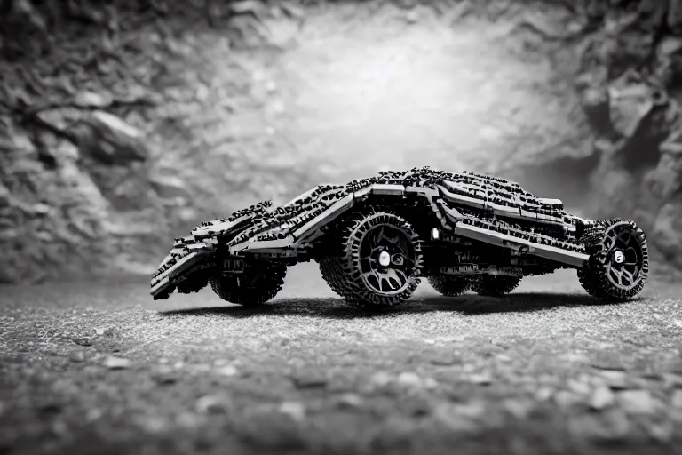 Image similar to the lego batmobile is standing ina cave. highly detailed. intricate. mist. octane render. rim light. photoreal. 8 k. monochrome. cinematic.