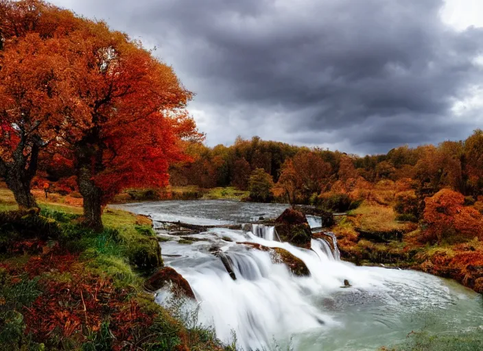 Prompt: unicorns in an autumnal landscape, river and waterfalls, pretty tree with fruits, tormented sky with rain in the background, immaculate horns, little pixies and goblins playing, inspired by clark amanda