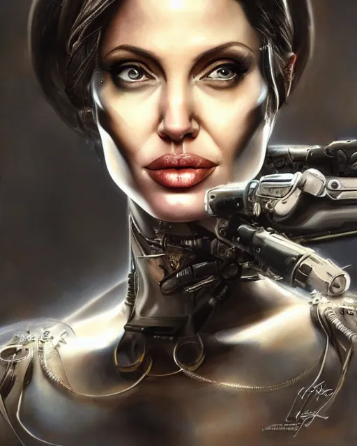 Image similar to detailed portrait painting of Angelina Jolie as a cyborg princess, fantasy, intricate, elegant, highly detailed, digital painting, artstation, concept art, smooth, sharp focus, illustration, by artgerm and greg rutkowski and Ralph McQuarrie