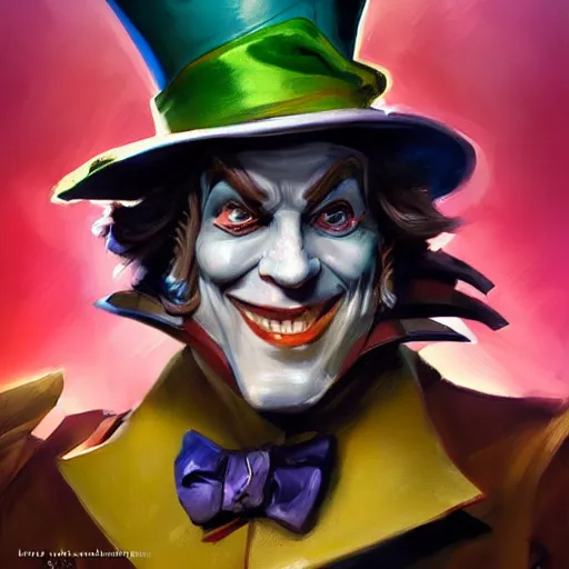 Image similar to greg manchess portrait painting of partially armored mad hatter from alice in wonderland as overwatch character, wacky, medium shot, asymmetrical, profile picture, organic painting, sunny day, matte painting, bold shapes, hard edges, street art, trending on artstation, by huang guangjian and gil elvgren and jesper ejsing