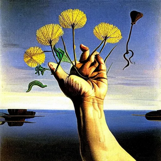 Prompt: a hand with dandelions growing out of it, by salvador dali