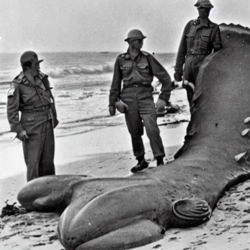 Image similar to 1940s photo, long shot, 5 soldiers looking at a huge creature washed up on a beach