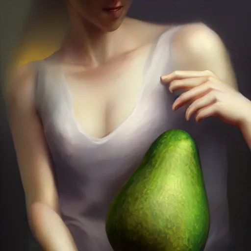 Image similar to lauren walsh lovingly cradling an avacado, fullbody, ultra high detailed, oil painting, greg rutkowski, charlie bowater, yuumei, yanjun cheng, lauren walsh, unreal 5, daz, hyperrealistic, octane render, rpg portrait, dynamic lighting, fantasy art, beautiful face