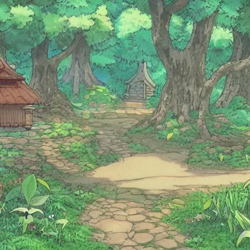 Prompt: a forrest mystical society and village, studio ghibli style