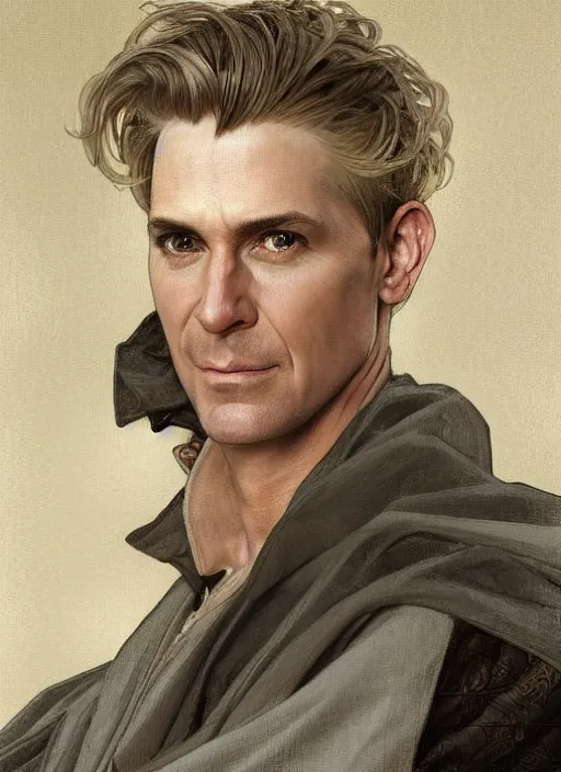 Prompt: a man aged 4 0 with blonde hair and hazel eyes and a friendly expression. he is clean shaven and wearing a grey cloak. head and shoulders portrait painting by artgerm and greg rutkowski and alphonse mucha.