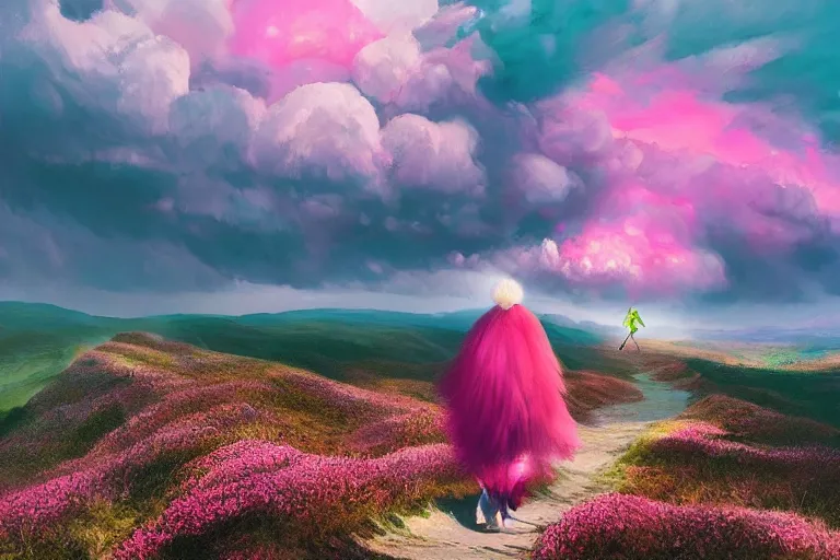Prompt: giant dahlia flower on her head, girl walking on mountain, surreal photography, pink storm clouds, dramatic light, impressionist painting, digital painting, artstation, simon stalenhag