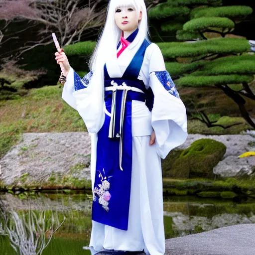 Image similar to full body shot of a japanese princess young lady, beauty, with a long white, white hair, ayaka cosplay