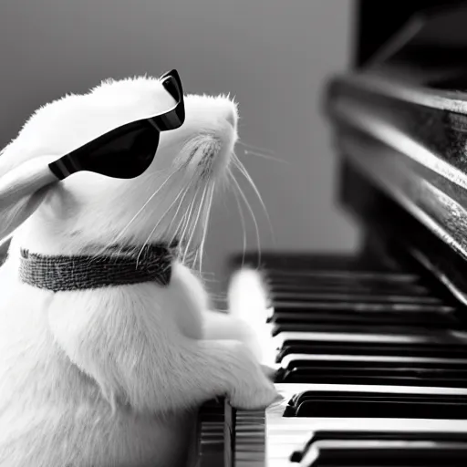 Prompt: a blind rabbit with sunglasses plays the piano in the style of ray charles. award winning photography, 5 0 mm. legumes in the background.