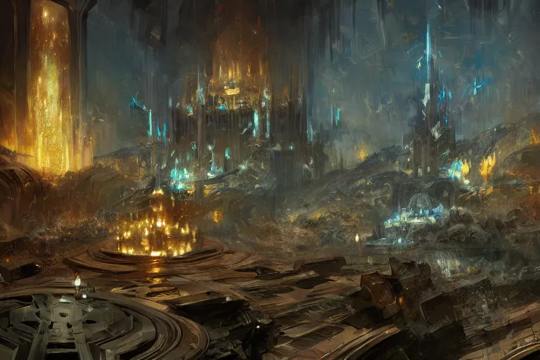 Image similar to concept art of luxurious annihilation by Craig Mullins, imperial dalvoxus palace, cinematic key art