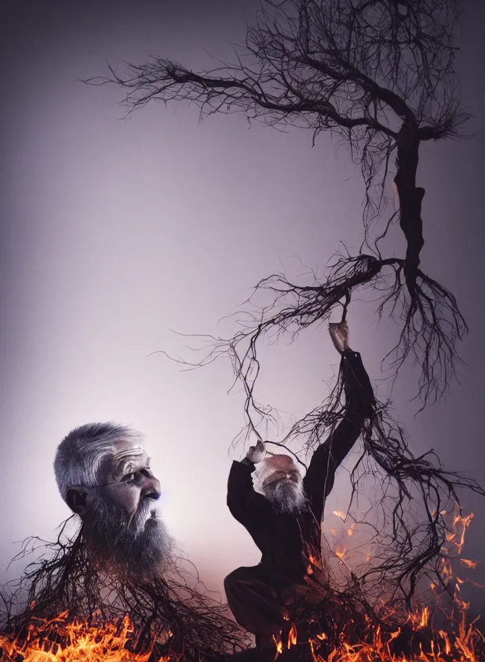 Image similar to full body shot of old asian man with long beard, hanging from a tree, his head hanging upside down, covered in roots, bright multiple glowing eyes, reflections, holding a occult carved wooden dark fractal stick, hanging upside down, head upside down, thick smoke around him, in the burning desert, cinematic shot, wide angle, dark desert background, volumetric lighting by Denis Villeneuve, Lubezki, Gaspar Noe, Christopher Doyle and Alejandro Jodorowsky, anamorphic lens, anamorphic lens flares, kodakchrome, cinematic composition, practical effects, award winning photo, 8k